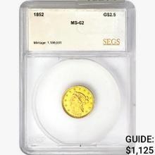 1852 $2.50 Gold Quarter Eagle SEGS MS62