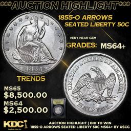 ***Auction Highlight*** 1855-o Arrows Seated Half Dollar 50c Graded Choice+ Unc By USCG (fc)