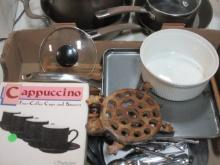 Kitchen Wares-Wood Draining Rack, Casserole Dish, Wood Trivet, Green Pan Griddle Pan,