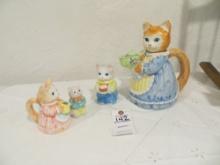 Cat tea pot with cream and sugar and salt shaker