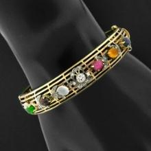 Antique Victorian 14k Gold & Silver Open Work Gemstone & Diamond Flower Bracelet