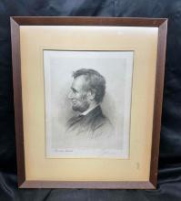 Antique SignedFramed Lincoln Etching 1892 J. Johnson