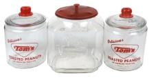Country Store Counter Jars (3), two enameled glass Tom's Toasted Peanuts &