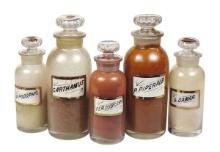 Apothecary Bottles (5), 19th C. LUG w/polished pontils & thumbprint cut sto