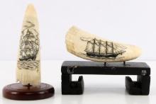 2 WHALE TOOTH SCRIMSHAW SHIP ENGRAVED ORNAMENTS