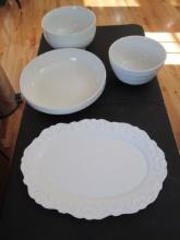 Three Large White Stoneware Bowls and Platter