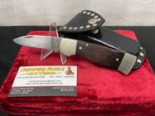 Vintage Western Folding Knife, S-532, w/ Leather Sheath w/ Panther and riveted design