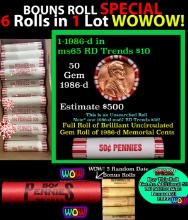 THIS AUCTION ONLY! BU Shotgun Lincoln 1c roll, 1986-d 50 pcs Plus FIVE bonus random date BU roll! Ba