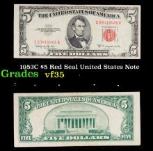 1953C $5 Red Seal United States Note Grades vf++