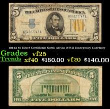 1934A $5 Silver Certificate North Africa WWII Emergency Currency Grades vf+