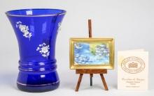 Cobalt Blue Vase W/Enamel Decorations & Small Limoge France Porcelain