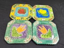 Set of 4, Sarah Purifoy Hand Painted Plates, Fruit and Vegetable Pattern