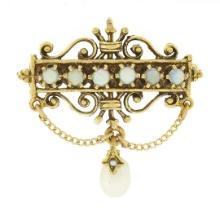 Vintage Victorian Revival 14K Gold Opal Cultured Pearl Dangle Brooch Pin Pendant