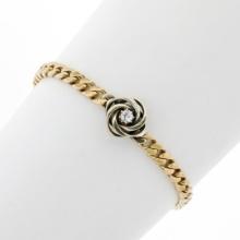 Vintage 14k TT Gold 0.17 ctw Diamond Solitaire Swirl Cuban Curb Chain Bracelet