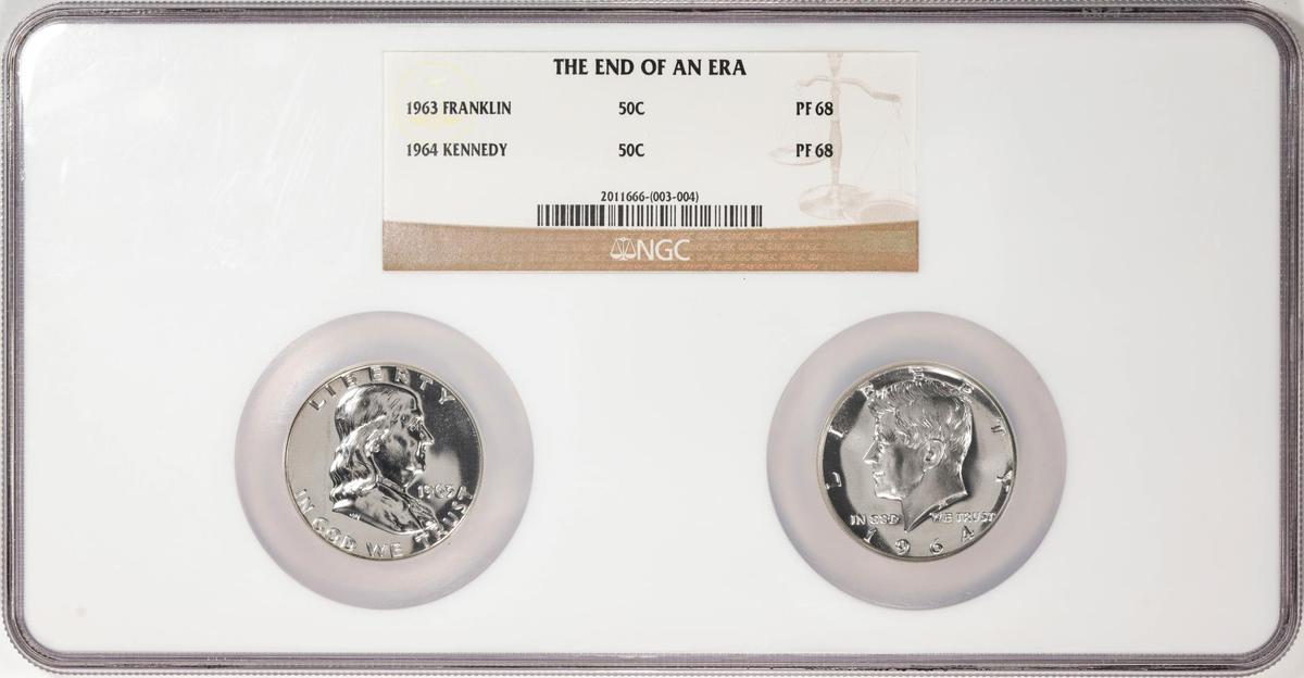 End of an Era Set of 1963 Franklin & 1964 Kennedy Proof Half Dollar Coins NGC PF68