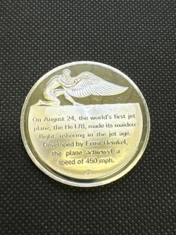 History Of Flight Henkel 178 1st Jet Airplane 1939 Sterling Silver Coin