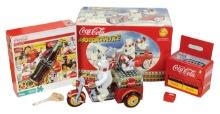 Coca-Cola Items (4), Motortrike by Franklin Mint, battery op music box ches