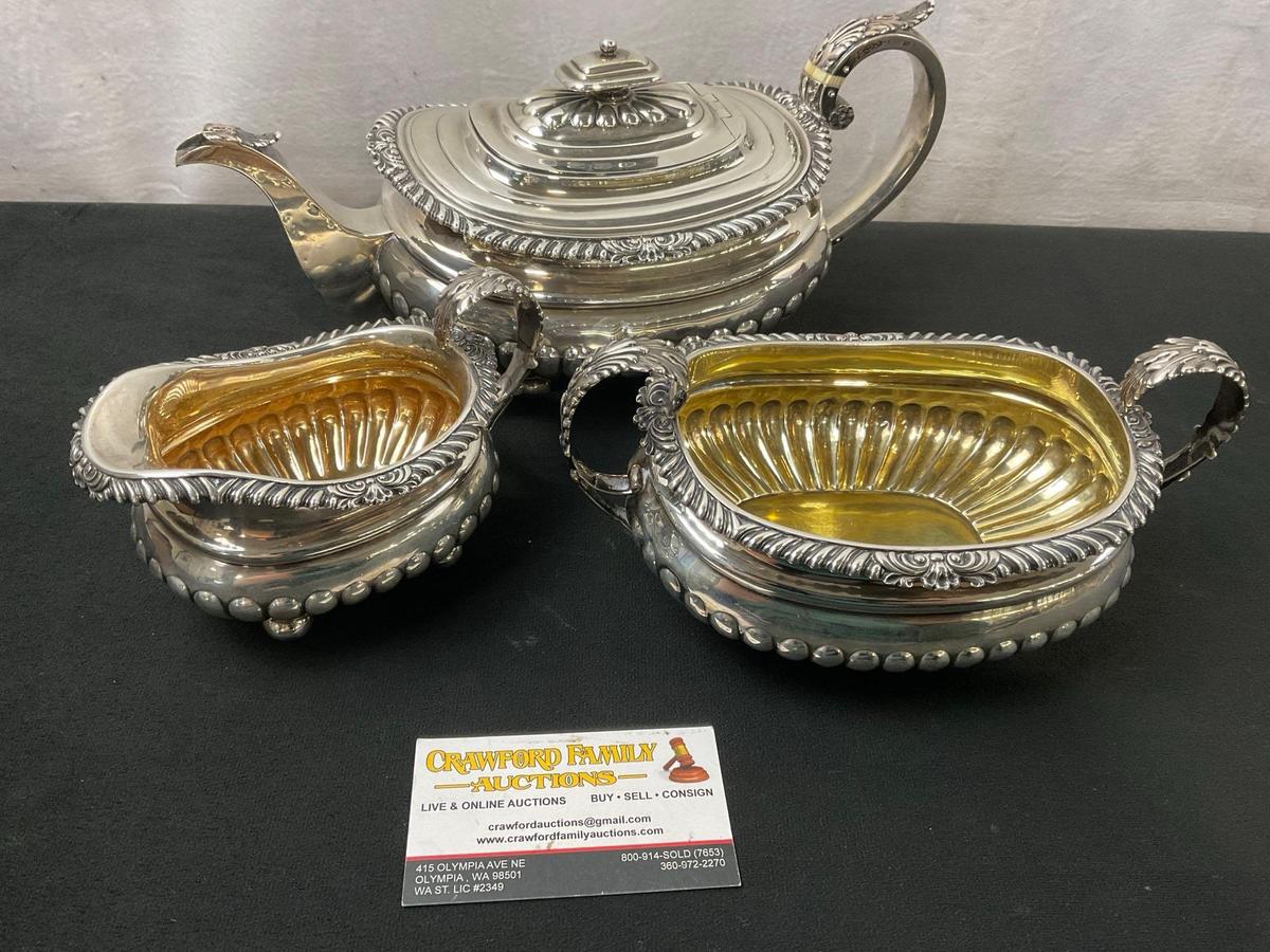 JM & Co Antique 1818 Edinburgh Sterling Silver Tea Set, Hollowware, 3 piece set, 1270g total weight