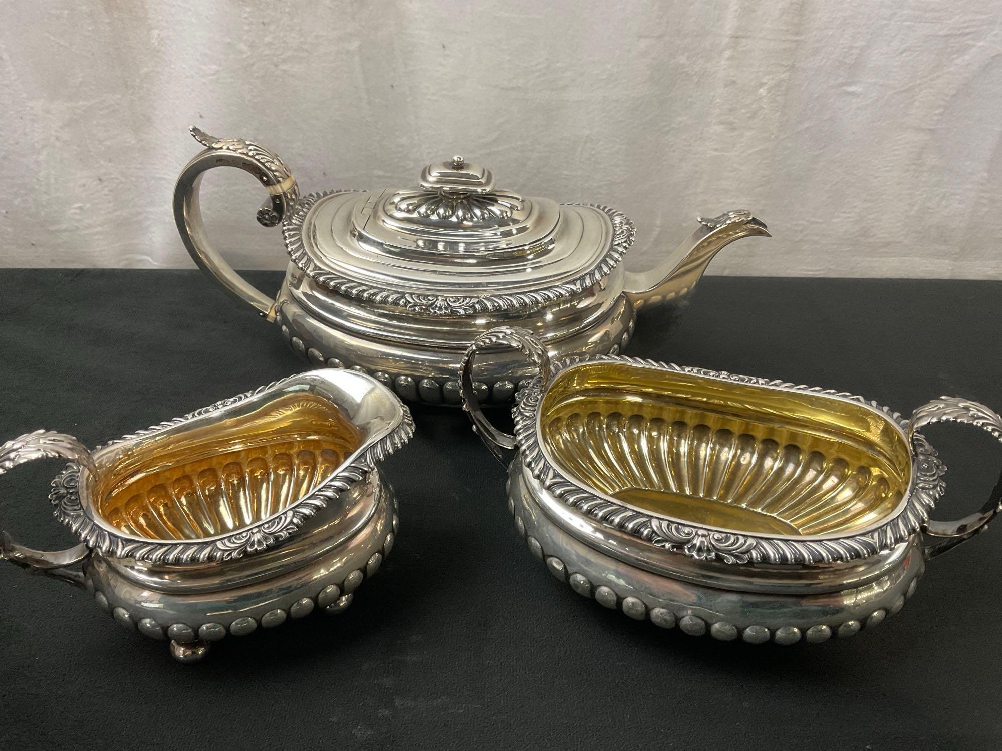 JM & Co Antique 1818 Edinburgh Sterling Silver Tea Set, Hollowware, 3 piece set, 1270g total weight