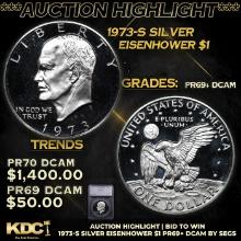 Proof ***Auction Highlight*** 1973-s Silver Eisenhower Dollar 1 Graded pr69+ dcam By SEGS (fc)