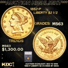 ***Auction Highlight*** 1852-p Gold Liberty Quarter Eagle $2 1/2 Graded ms63 BY SEGS (fc)