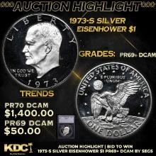 Proof ***Auction Highlight*** 1973-s Silver Eisenhower Dollar 1 Graded pr69+ dcam By SEGS (fc)