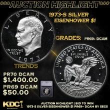 Proof ***Auction Highlight*** 1973-s Silver Eisenhower Dollar 1 Graded pr69+ dcam By SEGS (fc)