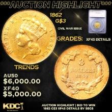 ***Auction Highlight*** 1862 Three Dollar Gold 3 Graded xf45 details By SEGS (fc)