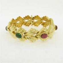 14k Yellow Gold 6.81 ctw Multi Gemstone Ribbed Wide Leaf Chain Bracelet