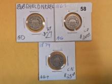 1868, 1869 and 1874 Shield Nickels