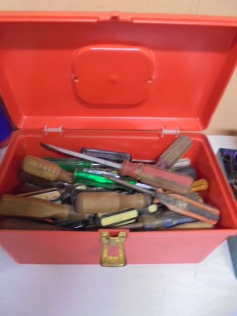 Hand Carry Tote Box Full of Assorted Screw Drivers