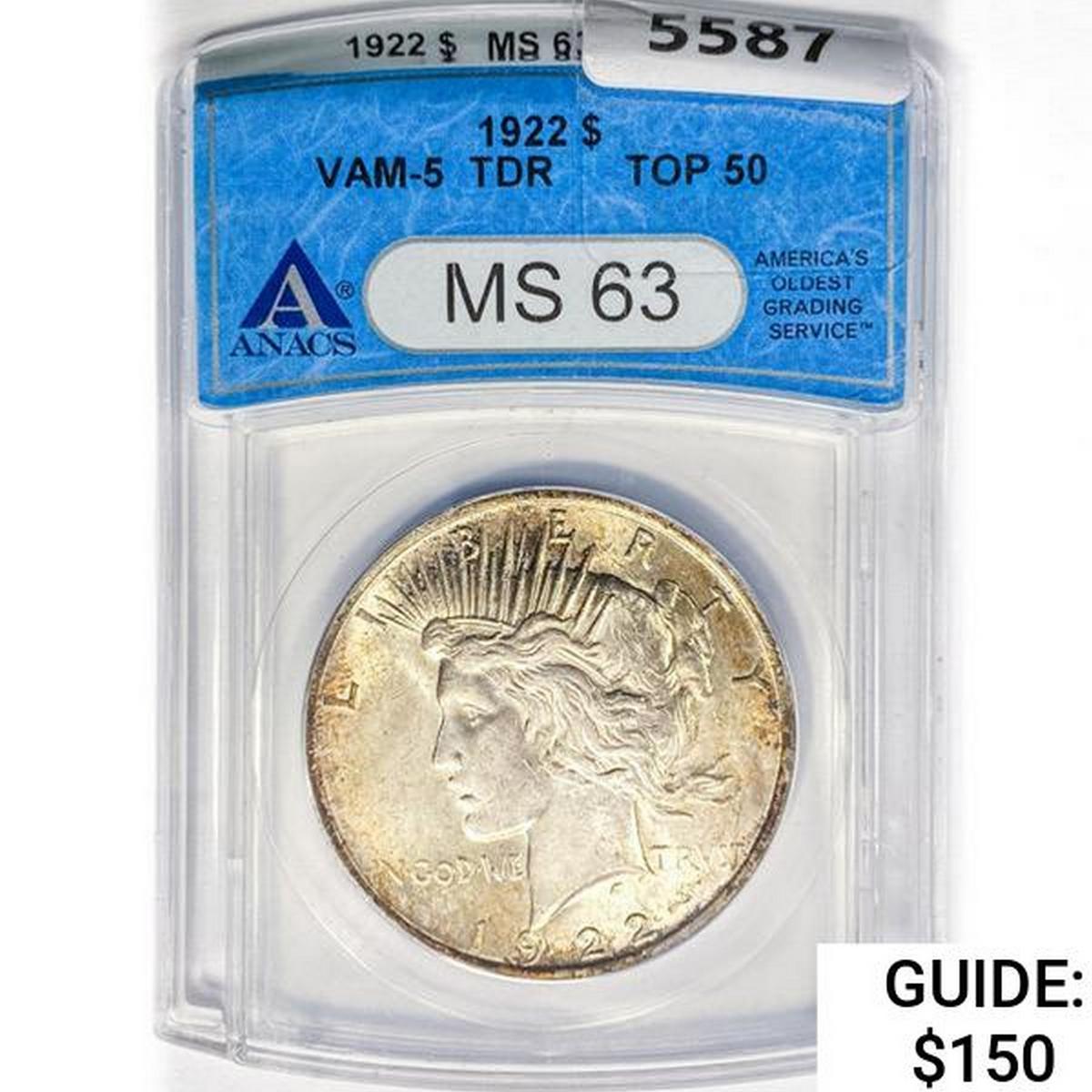1922 Silver Peace Dollar ANACS MS63 VAM-5 TDR