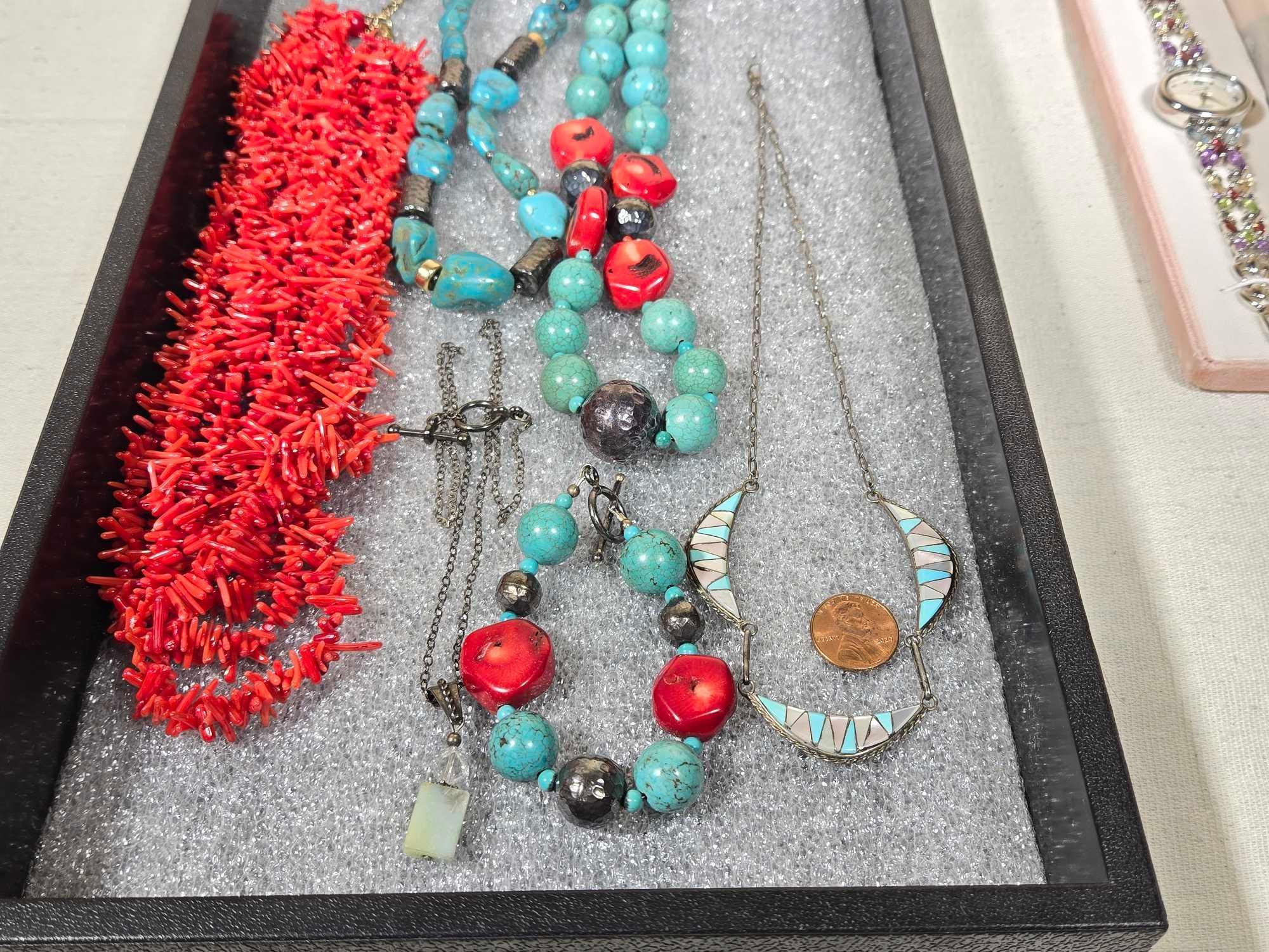 Sterling Silver, Turquoise, & Coral Jewelry Lot
