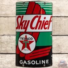 1940 Texaco Sky Chief Gasoline Curved SS Porcelain Gas Pump Plate Sign "Small"