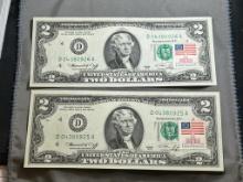 2- 1976 First Day Issue $2.00 Notes, w/ sequential serial numbers