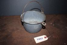 Enamel, grey pail with handle
