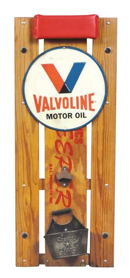 Automobilia Garage Bar Accessory, vintage wood creeper w/embossed tin Valvo