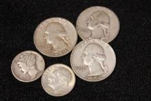 Group of Silver Coins to include 3 Washington Quarters, 1 Mercury Dime, 1 Roosevelt Dime