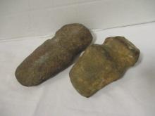 Two Primitive Hand Grooved Stone Axe Heads