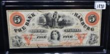 1860 BANK OF HAMBURG S. CAROLINA $5 NOTE