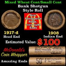 Lincoln Wheat Cent 1c Mixed Roll Orig Brandt McDonalds Wrapper, 1917-d end, 1908 Indian other end