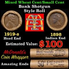 Lincoln Wheat Cent 1c Mixed Roll Orig Brandt McDonalds Wrapper, 1919-s end, 1898 Indian other end