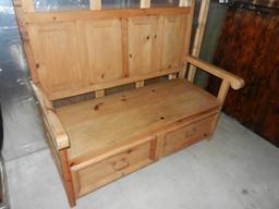 Wooden Bench 51" wide x 43" high w Two Storage Drawers under seat