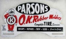 Antique Parsons O.K. Rubber Welders Metal Advertising License Plate Topper