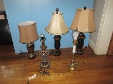 Lot Pair Resin Urn 27" Lamps Black Gilt Pierced Scroll Accent, Resin Reticulated Embellished 19"