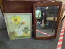 Silver framed flower painting (18"W x 22"H) and vintage wood frame mirror (18.5"W x 30"H). Comes as