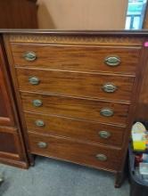 Johnson Furniture Co. Mahogany 5 Drawer Dresser With Carved Trim on Top, Measure Approximately 34 in