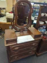 Late 19th Century Walnut Wishbone Dresser with Attached Mirror and White/Grey Marble Slab, Retail