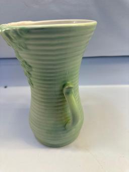 Vintage Pottery Vase In Light Green Ribbed Fruit