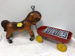 Vintage riding hobby horse and small wagon